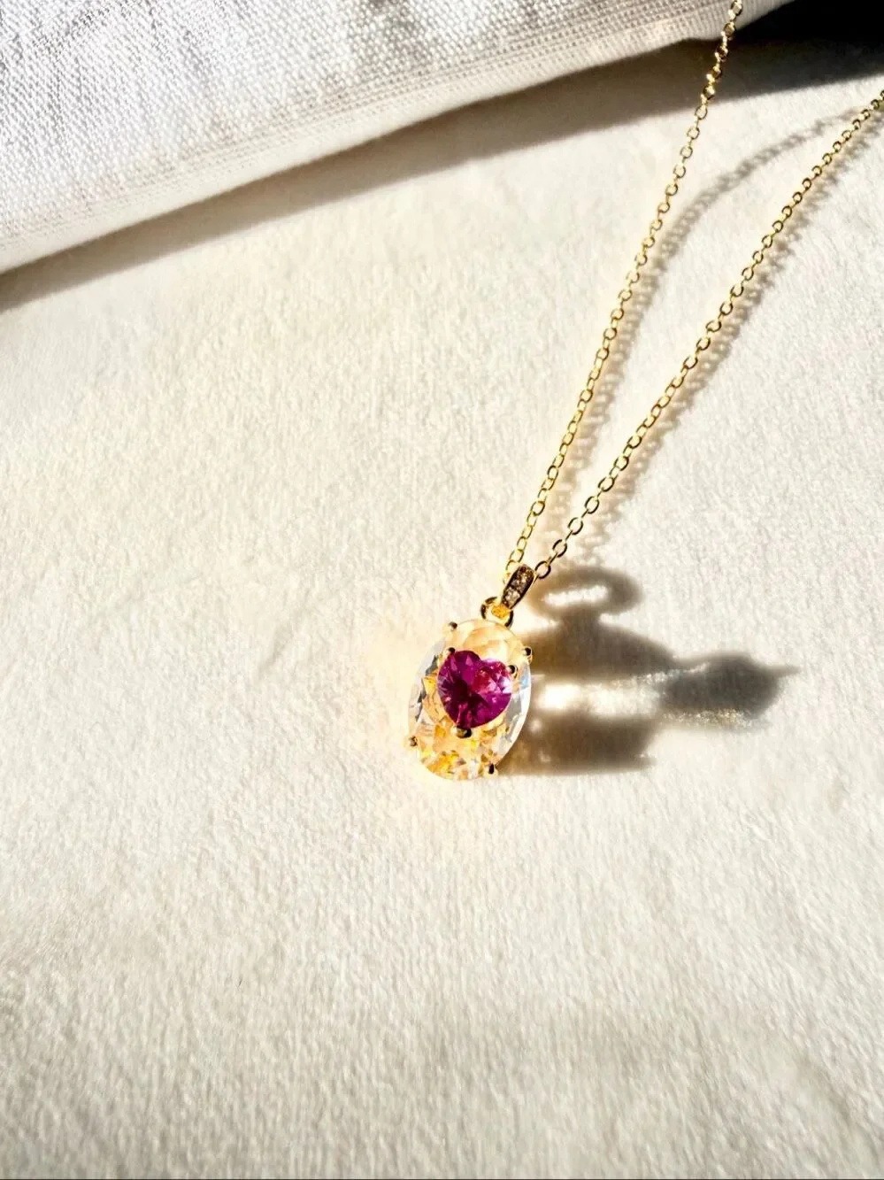 Hot Pink & Clear Cubic Zirconia Oval Pendant Necklace Gold Tone